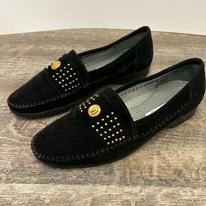 Lorenzo Banfi 1759 Black Suede Loafers Gold Studded Italian Made Size 10.5